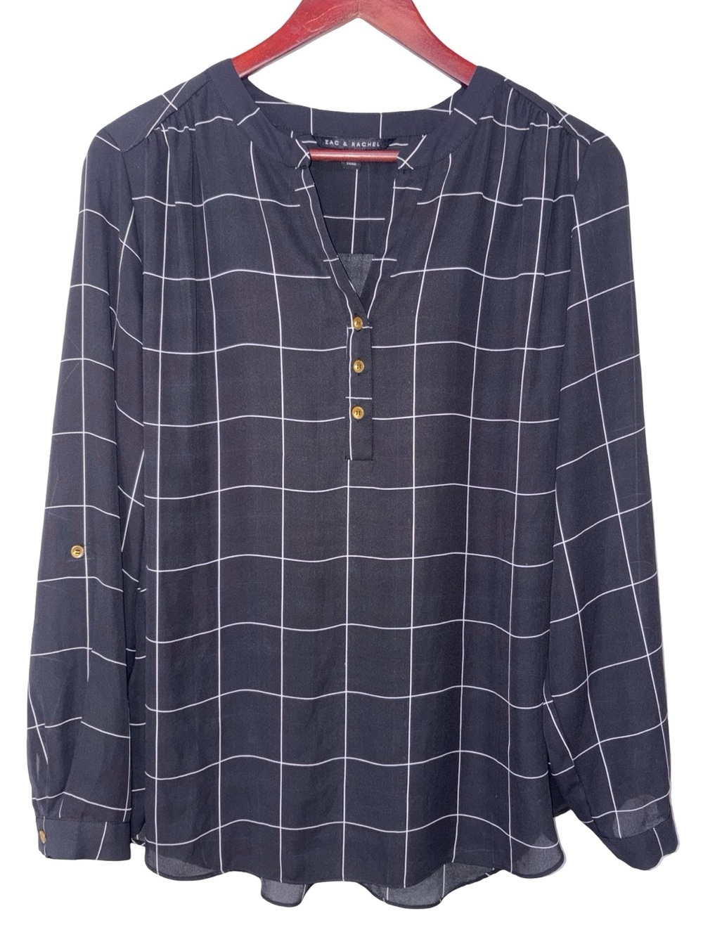 Zac & Rachel Semi-Sheer Windowpane 1/2 Placket Adjustable Sleeves XL Blouse